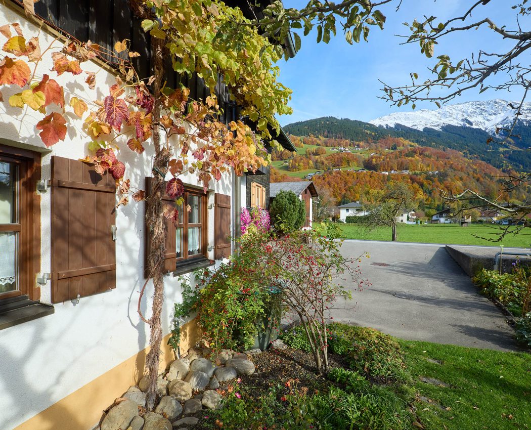 Detailaufnahme des Hauses mit Blick aus dem Garten auf das Bergpanorama vor großer Wiese